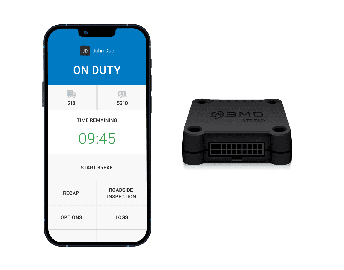 Mobile phone displaying Trucking Hub’s free ELD solution alongside a Pacific Track PT30 device, showcasing seamless electronic logging compliance.