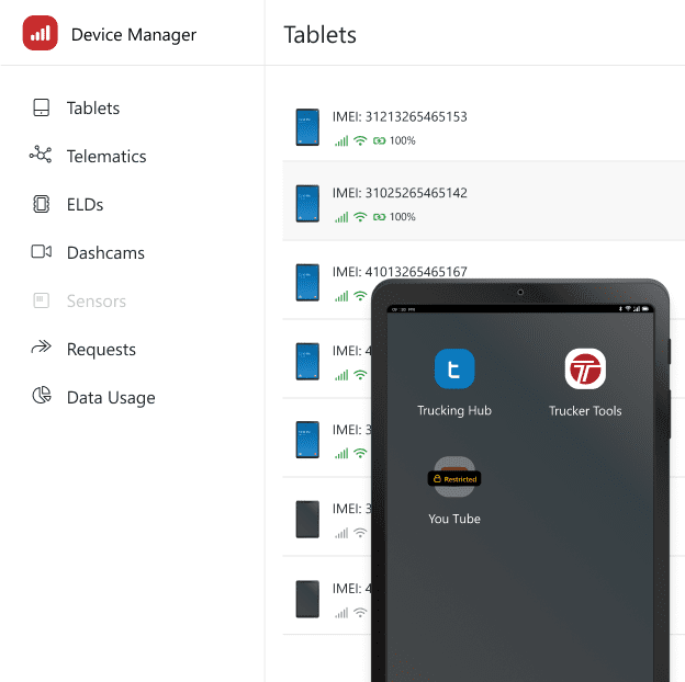MDM for Trucking software showing list of all tablets with ability to remotely access them. Overlaid with a tablet showing allowed and disabled applications for drivers.