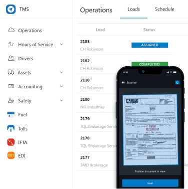 Transportation Management System (TMS) software showing Operations/> Loads page with a list of loads and their statues overlaid with a phone showing POD scanning ability.